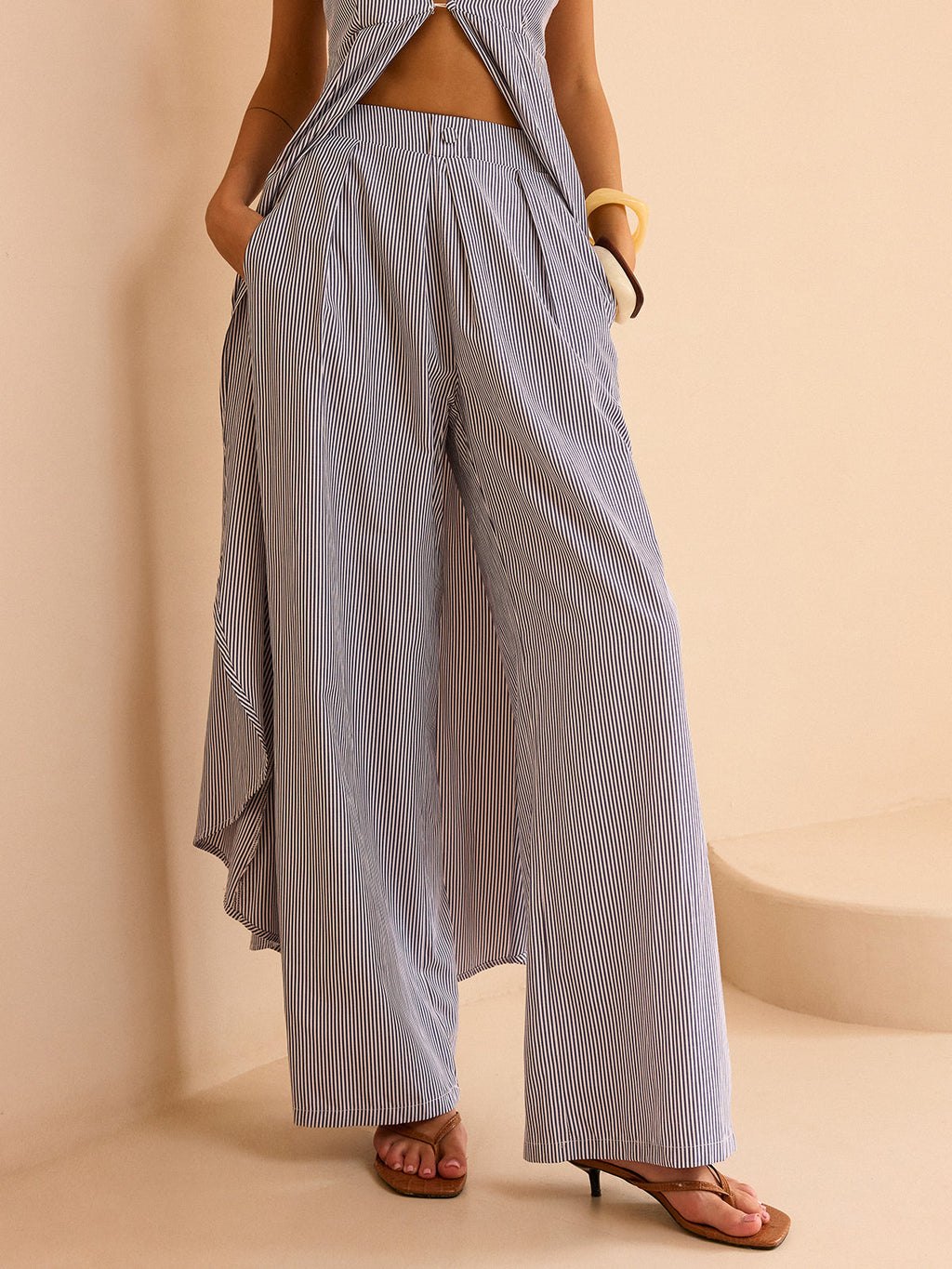 Striped Long Cami Top and Wide-Leg Pants Set