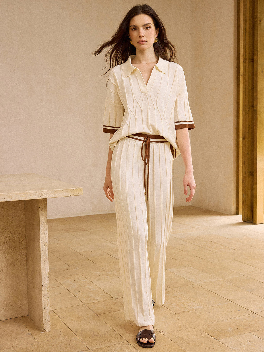Contrast-Trimmed Polo Neck Top and Drawstring Straight-Leg Pants Set
