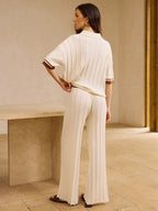 Contrast-Trimmed Polo Neck Top and Drawstring Straight-Leg Pants Set