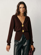 Metal Detail V-Neck Wool Blend Sweater