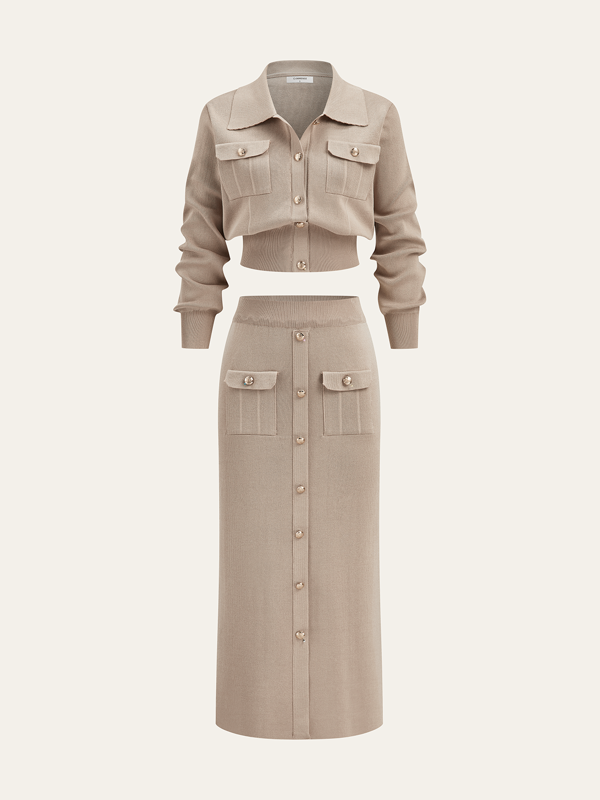 Metal Button Collared Cardigan and Midi Skirt Set