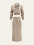 Metal Button Collared Cardigan and Midi Skirt Set