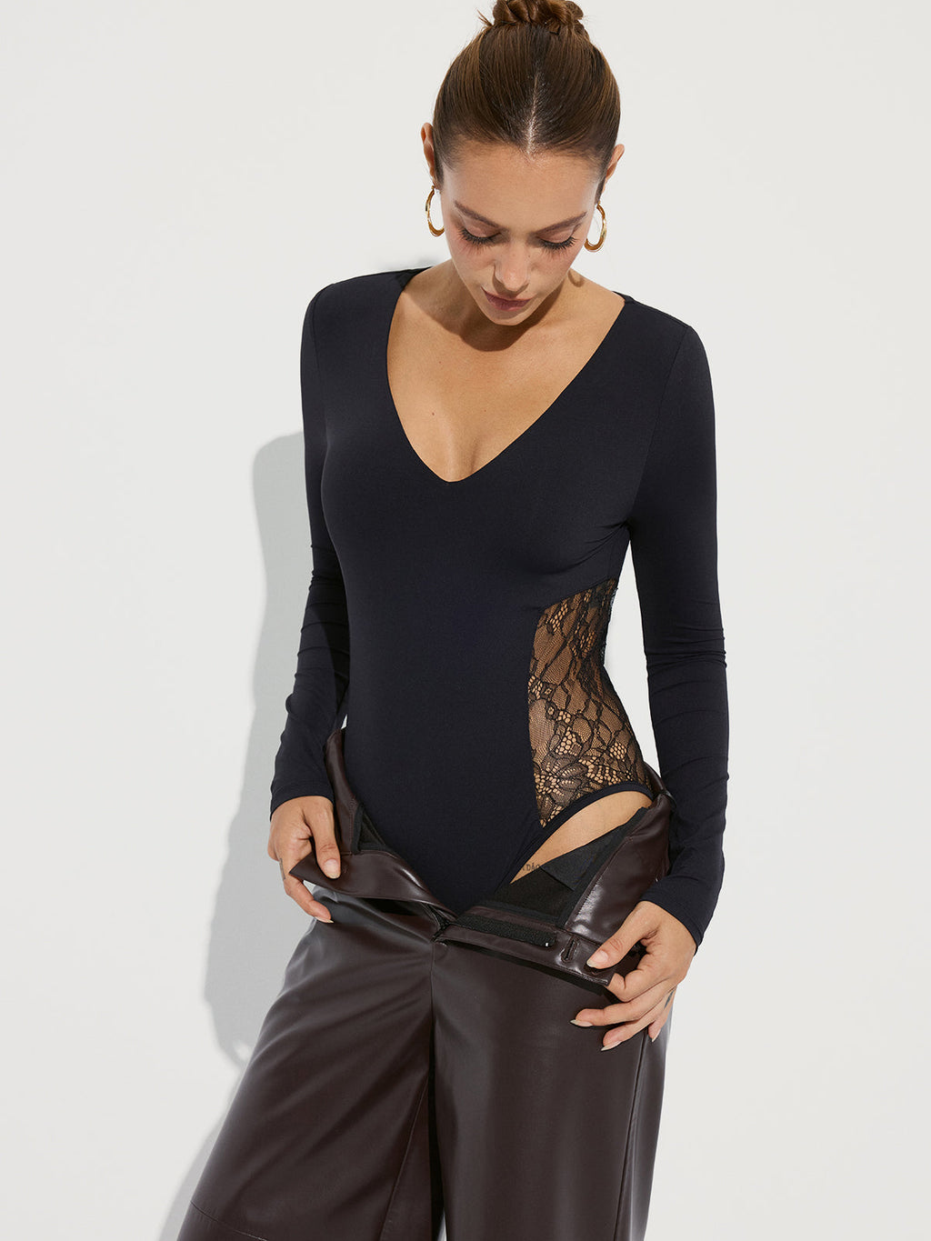 Bra-Free Deep V-Neck Lace Panel Bodysuit