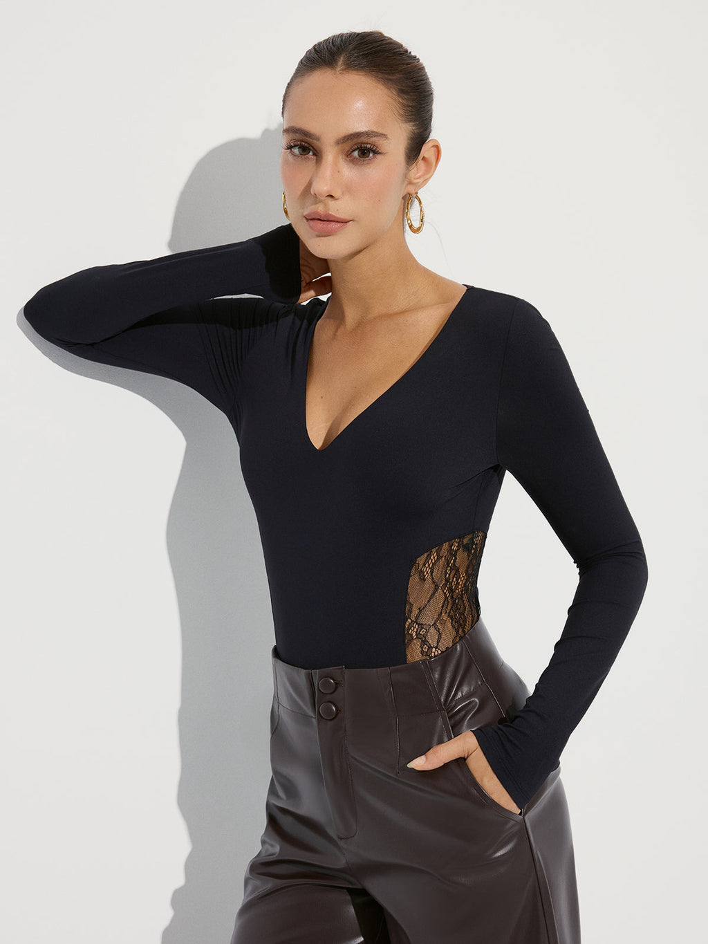 Bra-Free Deep V-Neck Lace Panel Bodysuit