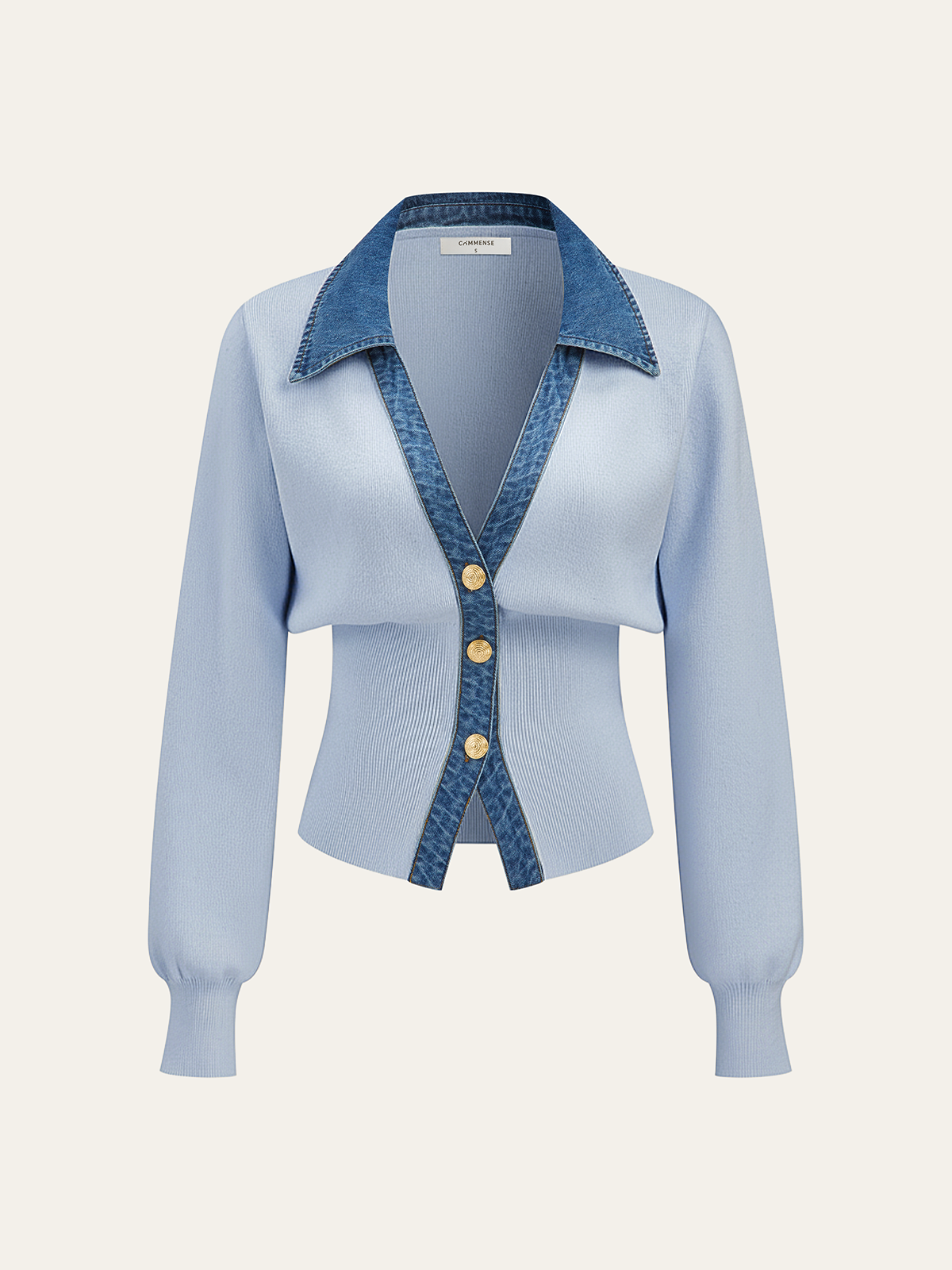 Denim Collar Metal Button V-Neck Knit Top